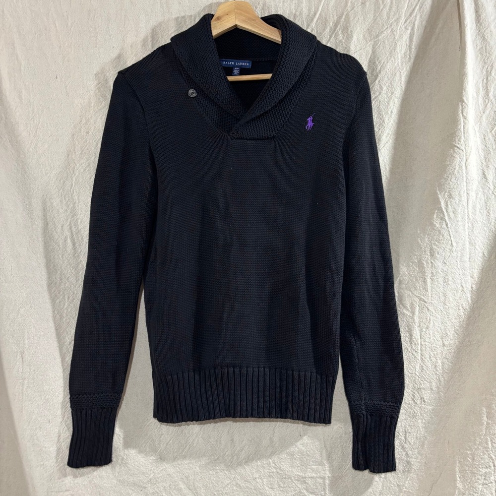 Ralph Lauren Mens Shawl Collar Knit Sweater Black Purple Pony Logo Preppy Size M